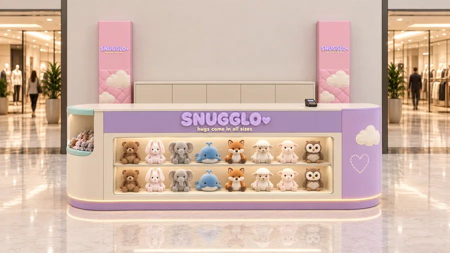 SNUGGLO counter-type kiosk in front of a wall — front view, generic plush animals (AI-assisted 3D visualisation)