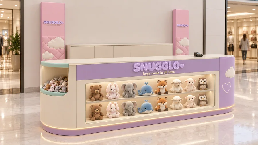 SNUGGLO counter-type kiosk in front of a wall — left three-quarter view, generic plush animals (AI-assisted 3D visualisation)