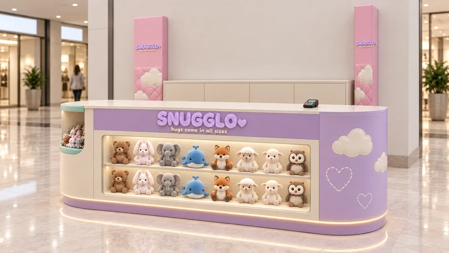 SNUGGLO counter-type kiosk in front of a wall — right three-quarter view, generic plush animals (AI-assisted 3D visualisation)