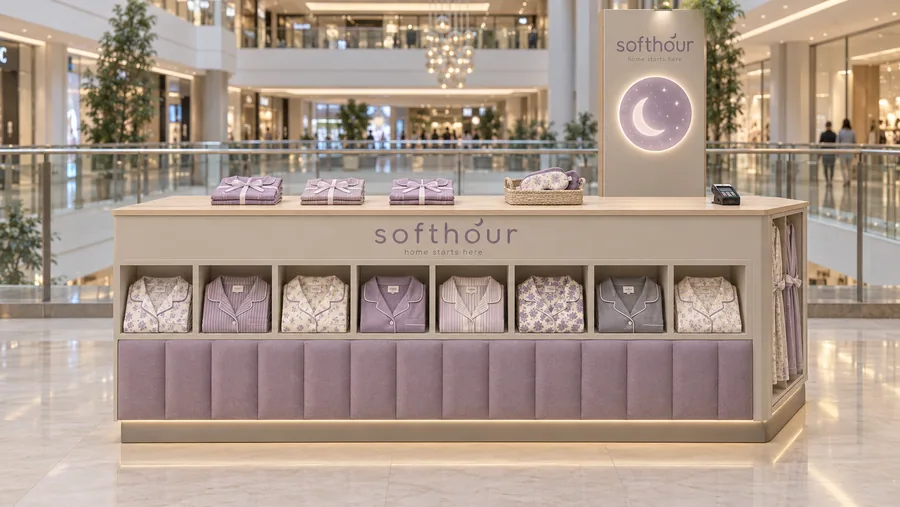 SOFTHOUR counter-type kiosk in front of a balcony — front view, cotton and modal pyjamas (AI-assisted 3D visualisation)