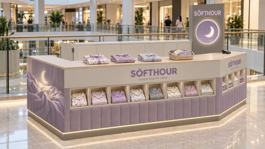 SOFTHOUR counter-type kiosk in front of a balcony — left three-quarter view, cotton and modal pyjamas (AI-assisted 3D visualisation)