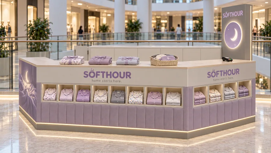 SOFTHOUR counter-type kiosk in front of a balcony — right three-quarter view, cotton and modal pyjamas (AI-assisted 3D visualisation)
