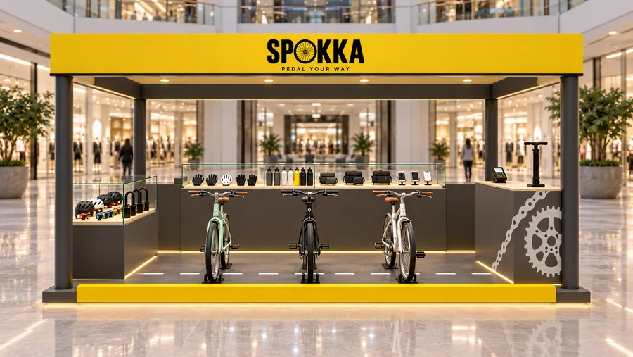 SPOKKA crowned island kiosk — front view, city bicycles (AI-assisted 3D visualisation)