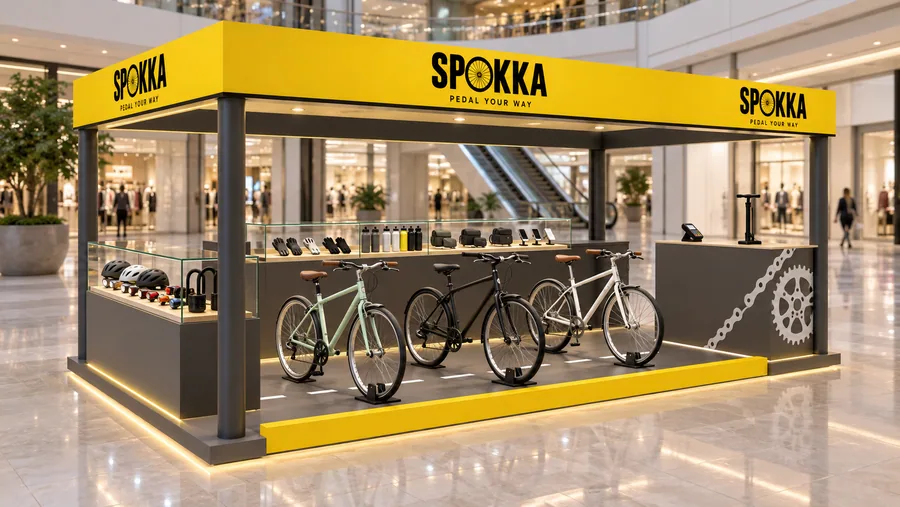 SPOKKA crowned island kiosk — left three-quarter view, city bicycles (AI-assisted 3D visualisation)
