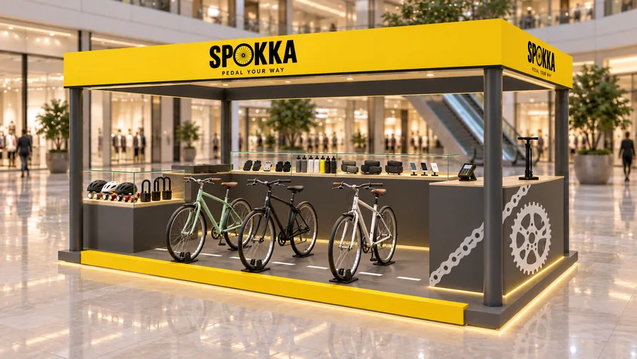 SPOKKA crowned island kiosk — right three-quarter view, city bicycles (AI-assisted 3D visualisation)