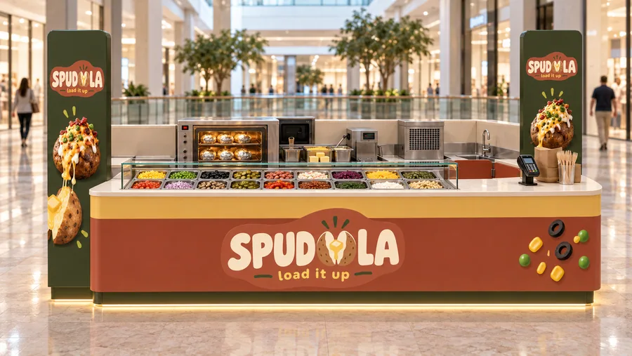 SPUDOLA counter-type island kiosk — front view, kumpir (AI-assisted 3D visualisation)