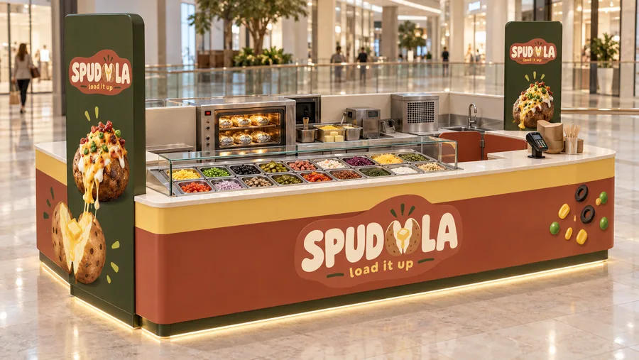 SPUDOLA counter-type island kiosk — left three-quarter view, kumpir (AI-assisted 3D visualisation)