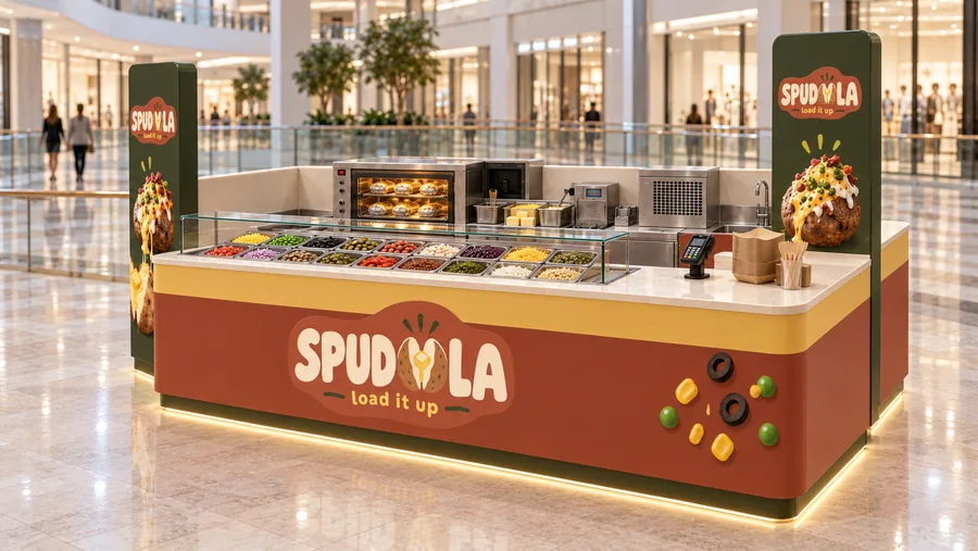 SPUDOLA counter-type island kiosk — right three-quarter view, kumpir (AI-assisted 3D visualisation)