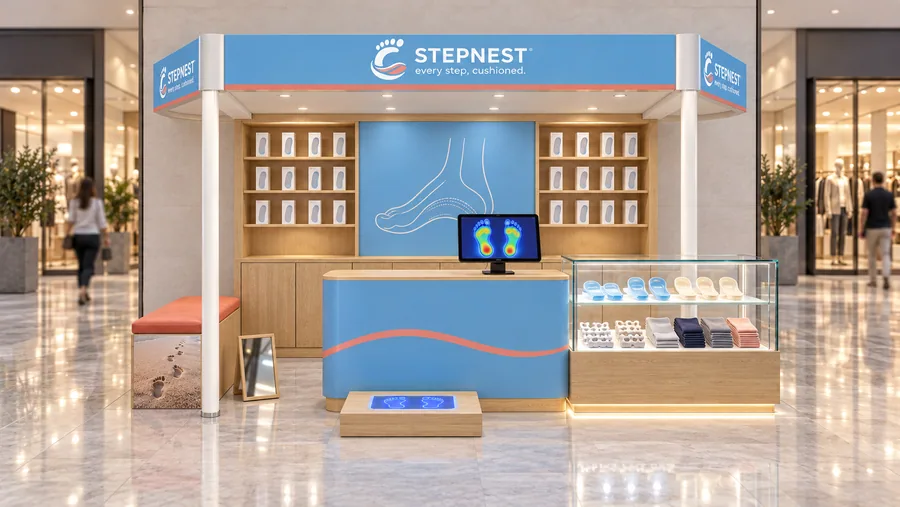 STEPNEST crowned kiosk in front of a wall — front view, comfort and orthotic insoles (AI-assisted 3D visualisation)