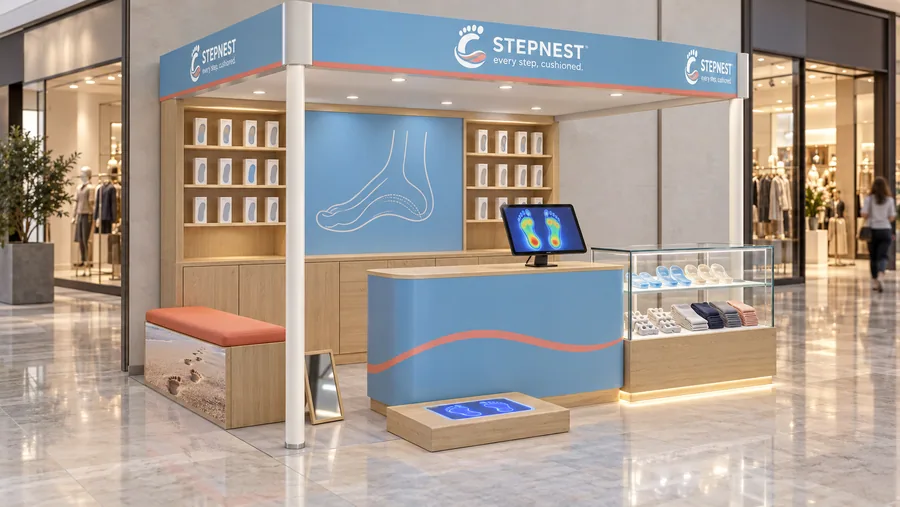 STEPNEST crowned kiosk in front of a wall — left three-quarter view, comfort and orthotic insoles (AI-assisted 3D visualisation)