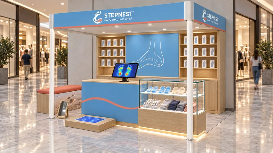 STEPNEST crowned kiosk in front of a wall — right three-quarter view, comfort and orthotic insoles (AI-assisted 3D visualisation)
