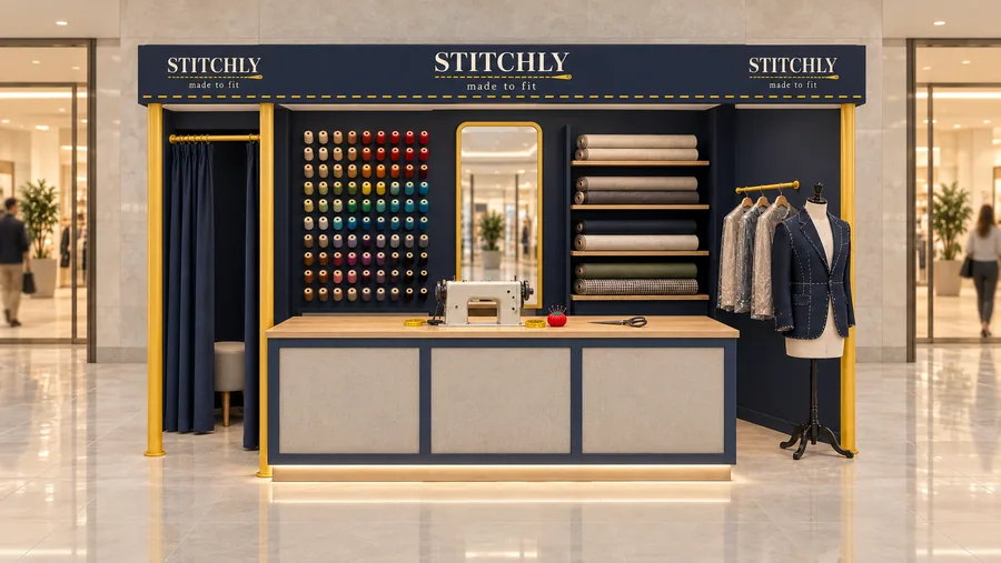 STITCHLY crowned kiosk in front of a wall — front view, tailoring and alterations (AI-assisted 3D visualisation)