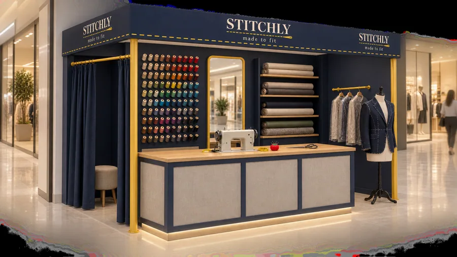 STITCHLY crowned kiosk in front of a wall — left three-quarter view, tailoring and alterations (AI-assisted 3D visualisation)