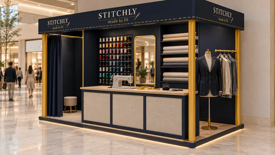 STITCHLY crowned kiosk in front of a wall — right three-quarter view, tailoring and alterations (AI-assisted 3D visualisation)