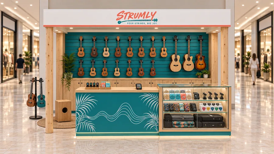STRUMLY crowned kiosk in front of a wall — front view, ukuleles (AI-assisted 3D visualisation)