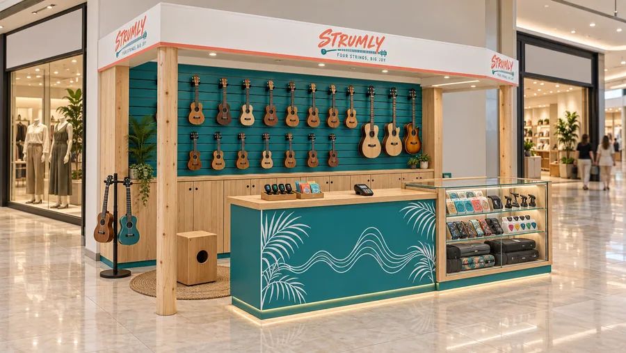 STRUMLY crowned kiosk in front of a wall — left three-quarter view, ukuleles (AI-assisted 3D visualisation)