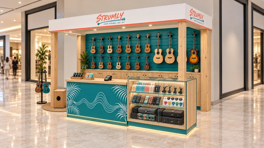 STRUMLY crowned kiosk in front of a wall — right three-quarter view, ukuleles (AI-assisted 3D visualisation)