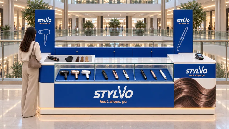 STYLVO counter-type kiosk in front of a balcony — front view, hair styling tools (AI-assisted 3D visualisation)