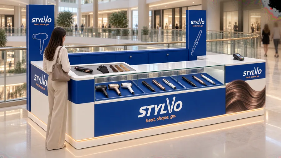 STYLVO counter-type kiosk in front of a balcony — left three-quarter view, hair styling tools (AI-assisted 3D visualisation)