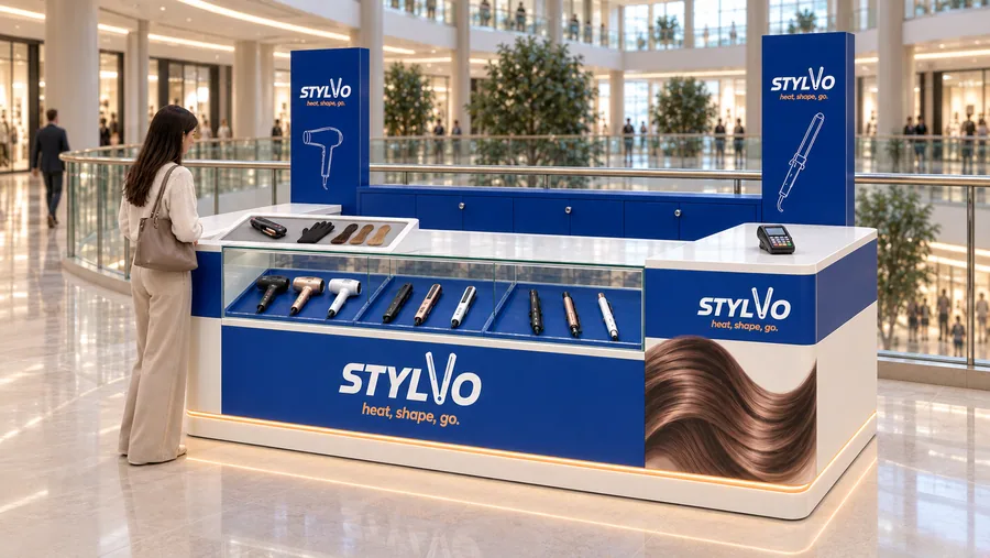 STYLVO counter-type kiosk in front of a balcony — right three-quarter view, hair styling tools (AI-assisted 3D visualisation)