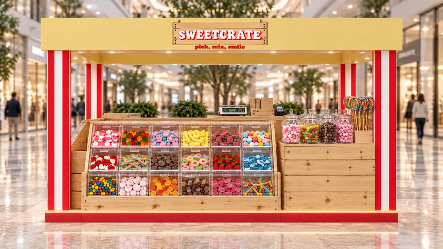 SWEETCRATE crowned island kiosk — front view, pick-and-mix sweets (AI-assisted 3D visualisation)