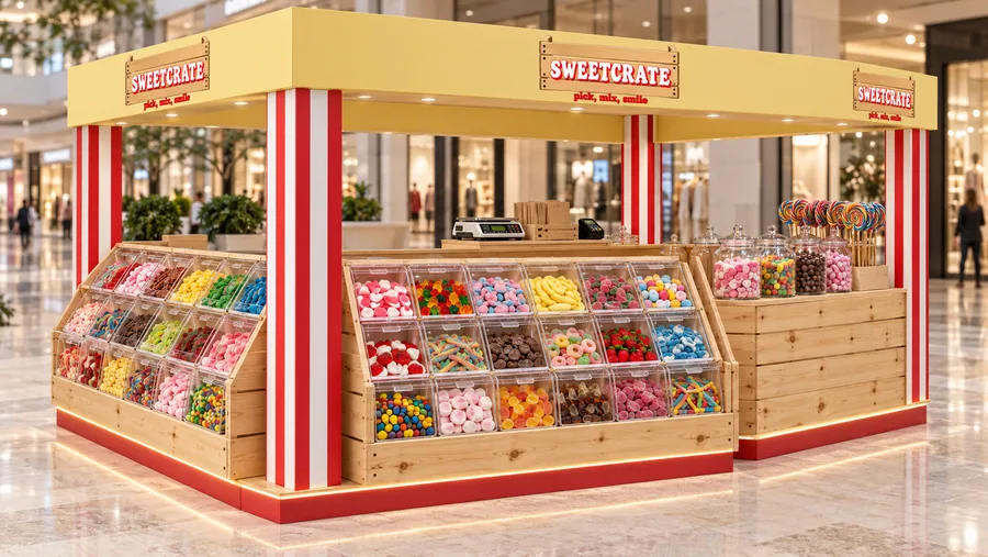 SWEETCRATE crowned island kiosk — left three-quarter view, pick-and-mix sweets (AI-assisted 3D visualisation)