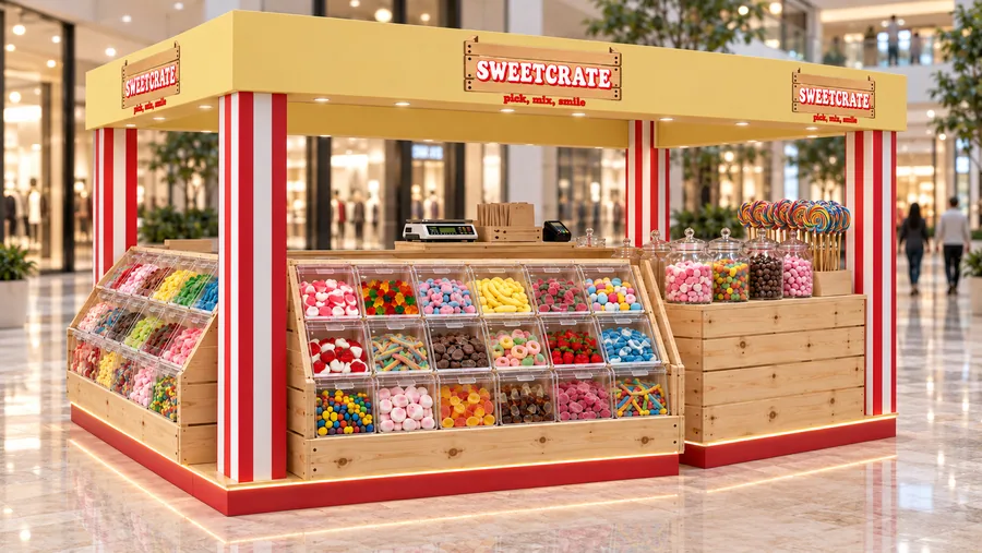 SWEETCRATE crowned island kiosk — right three-quarter view, pick-and-mix sweets (AI-assisted 3D visualisation)