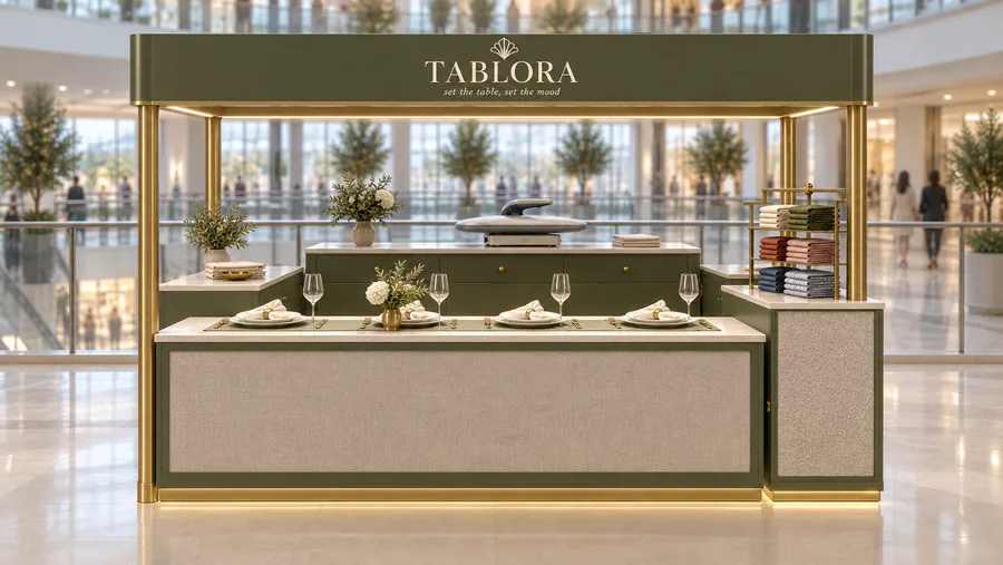 TABLORA crowned kiosk in front of a balcony — front view, table linen (AI-assisted 3D visualisation)