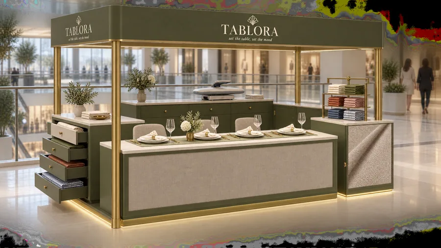 TABLORA crowned kiosk in front of a balcony — left three-quarter view, table linen (AI-assisted 3D visualisation)