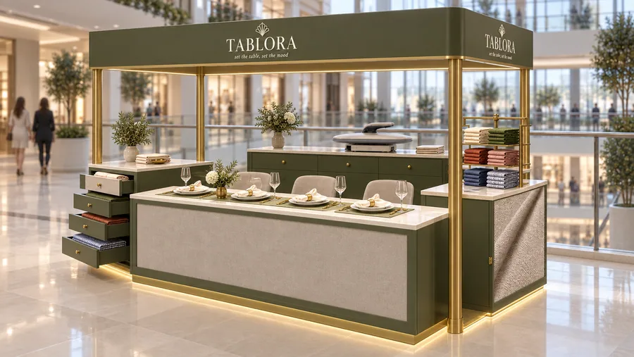 TABLORA crowned kiosk in front of a balcony — right three-quarter view, table linen (AI-assisted 3D visualisation)