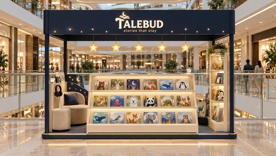 TALEBUD crowned kiosk in front of a balcony — front view, children's picture books (AI-assisted 3D visualisation)