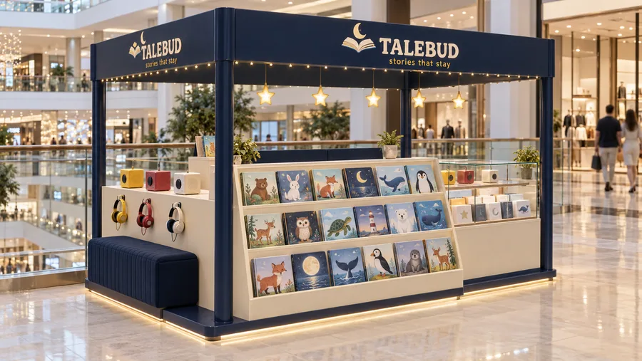 TALEBUD crowned kiosk in front of a balcony — left three-quarter view, children's picture books (AI-assisted 3D visualisation)