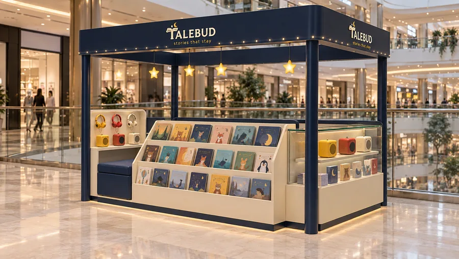 TALEBUD crowned kiosk in front of a balcony — right three-quarter view, children's picture books (AI-assisted 3D visualisation)