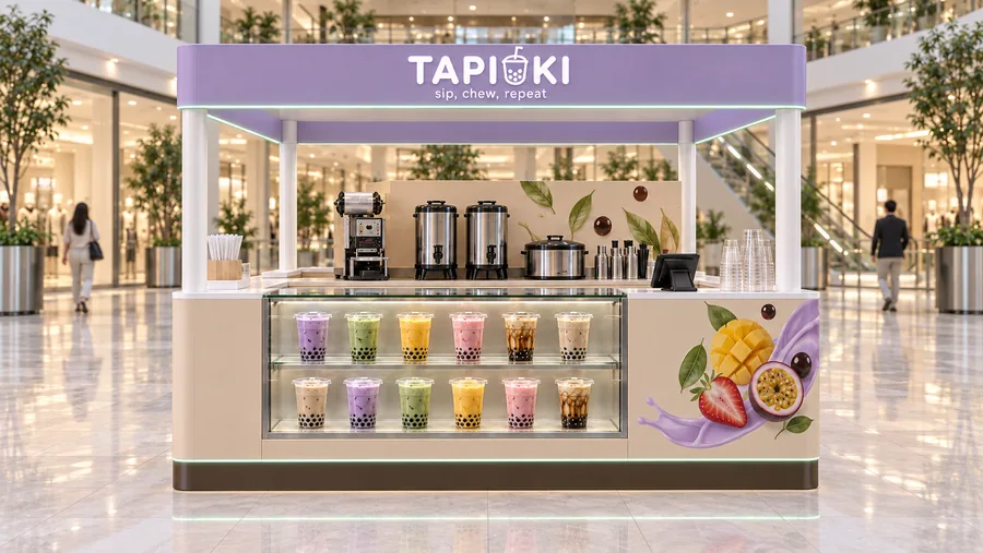 TAPIOKI crowned island kiosk — front view, bubble tea (AI-assisted 3D visualisation)