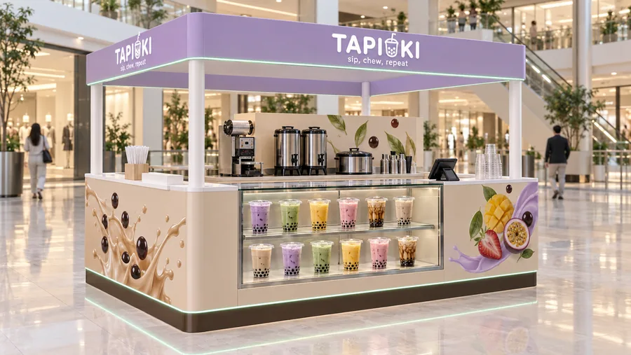 TAPIOKI crowned island kiosk — left three-quarter view, bubble tea (AI-assisted 3D visualisation)