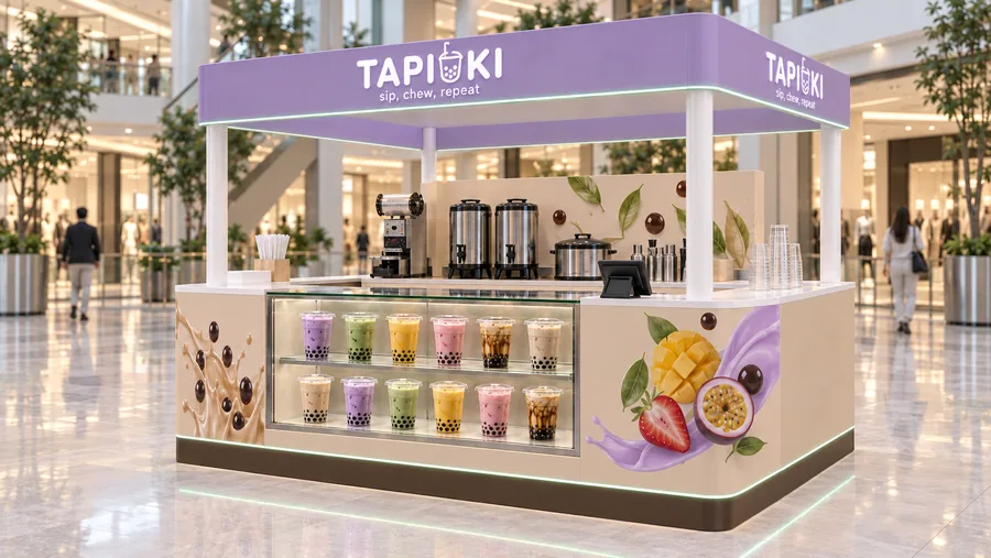 TAPIOKI crowned island kiosk — right three-quarter view, bubble tea (AI-assisted 3D visualisation)
