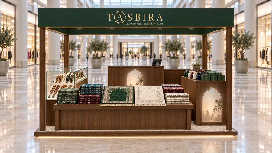 TASBIRA crowned island kiosk — front view, woven prayer rugs (AI-assisted 3D visualisation)