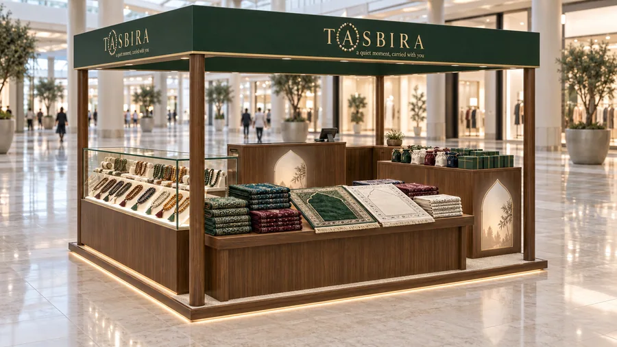 TASBIRA crowned island kiosk — left three-quarter view, woven prayer rugs (AI-assisted 3D visualisation)