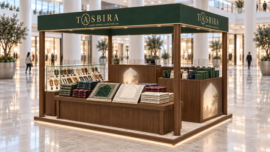 TASBIRA crowned island kiosk — right three-quarter view, woven prayer rugs (AI-assisted 3D visualisation)