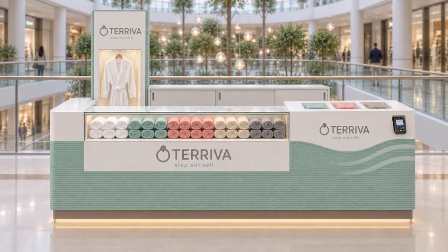 TERRIVA counter-type kiosk in front of a balcony — front view, bath towels (AI-assisted 3D visualisation)