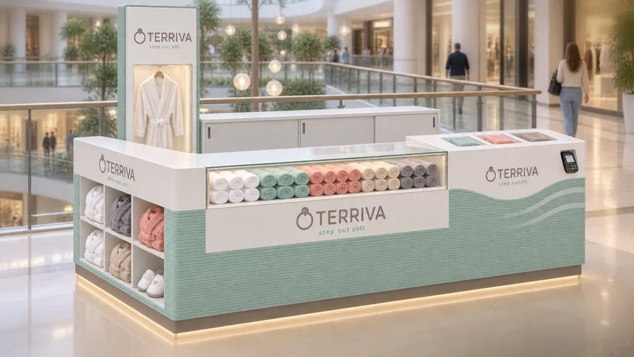 TERRIVA counter-type kiosk in front of a balcony — left three-quarter view, bath towels (AI-assisted 3D visualisation)