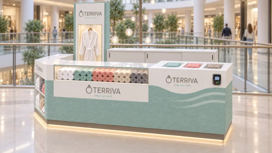 TERRIVA counter-type kiosk in front of a balcony — right three-quarter view, bath towels (AI-assisted 3D visualisation)