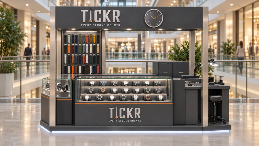 TICKR crowned kiosk in front of a balcony — front view, fashion and smart watches (AI-assisted 3D visualisation)