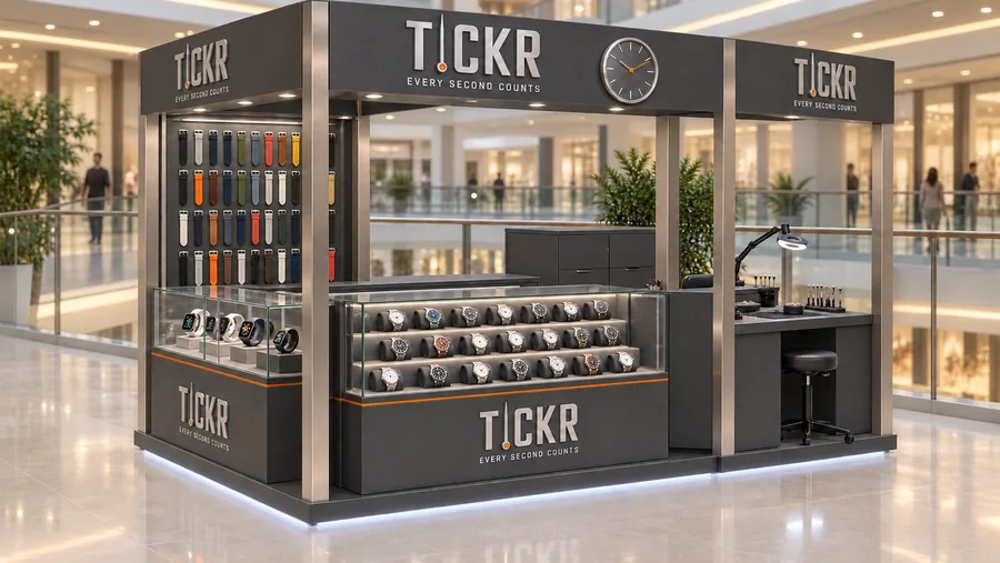 TICKR crowned kiosk in front of a balcony — left three-quarter view, fashion and smart watches (AI-assisted 3D visualisation)