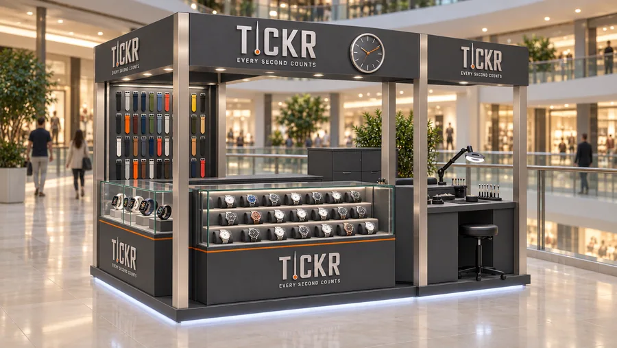 TICKR crowned kiosk in front of a balcony — right three-quarter view, fashion and smart watches (AI-assisted 3D visualisation)