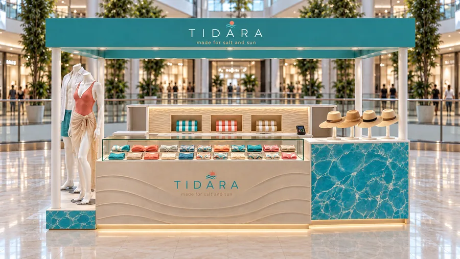TIDARA crowned island kiosk — front view, swimwear (AI-assisted 3D visualisation)