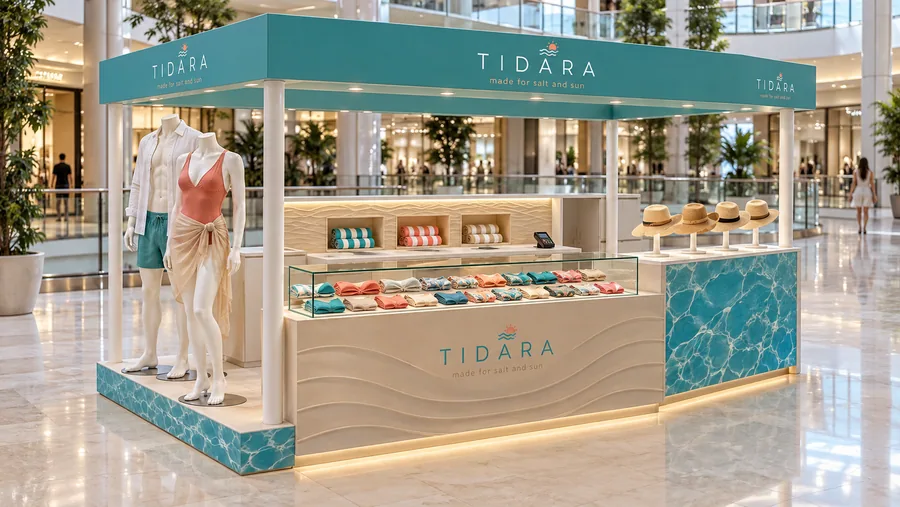 TIDARA crowned island kiosk — left three-quarter view, swimwear (AI-assisted 3D visualisation)