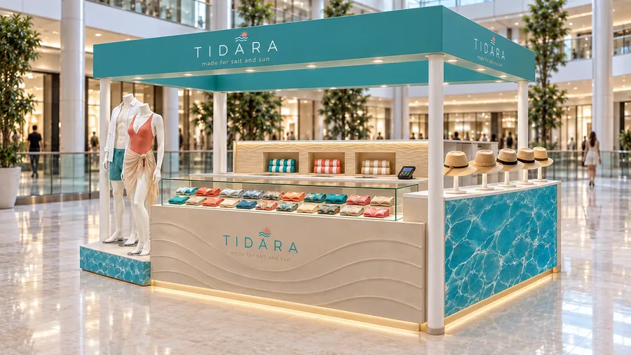 TIDARA crowned island kiosk — right three-quarter view, swimwear (AI-assisted 3D visualisation)