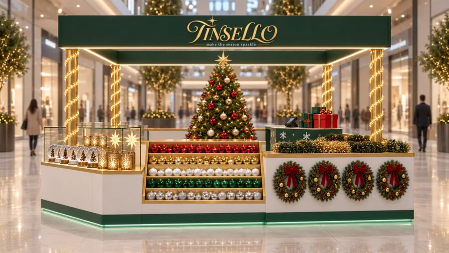TINSELLO crowned island kiosk — front view, Christmas and New Year decorations (AI-assisted 3D visualisation)