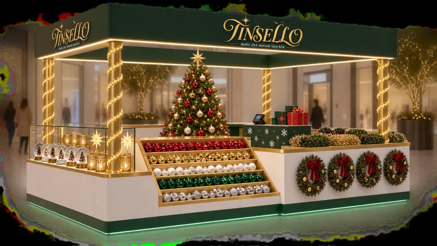 TINSELLO crowned island kiosk — left three-quarter view, Christmas and New Year decorations (AI-assisted 3D visualisation)